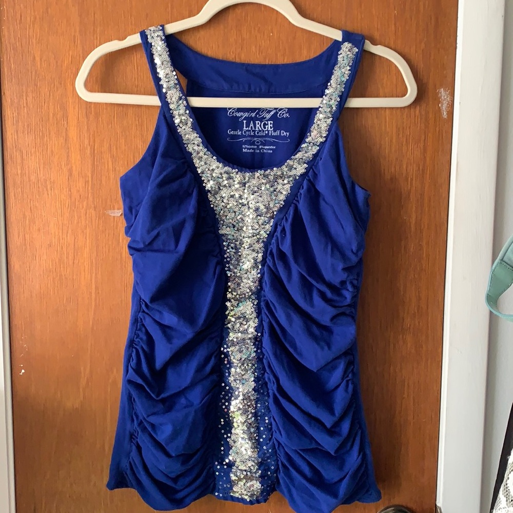 Cowgirl Tuff Royal Blue Sequin Ruched Tank Top - Large